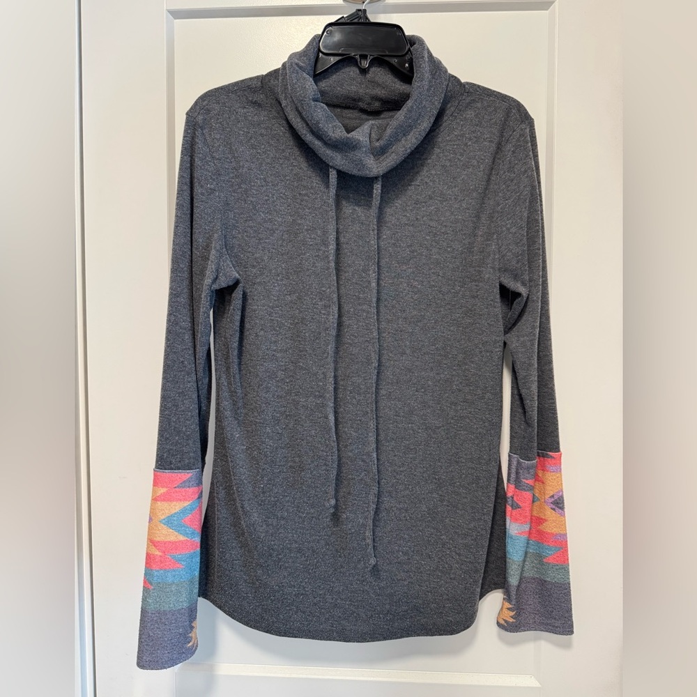 Charcoal Cowl Neck Sweater with Colorblock Sleeve Detail